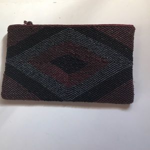 Beaded little bag maroon black & silver